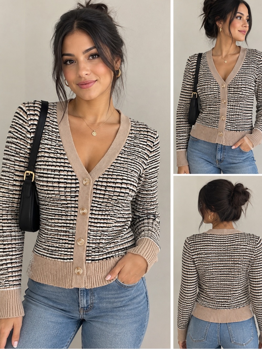 Halogen Striped V-Neck Button Cardigan size Small